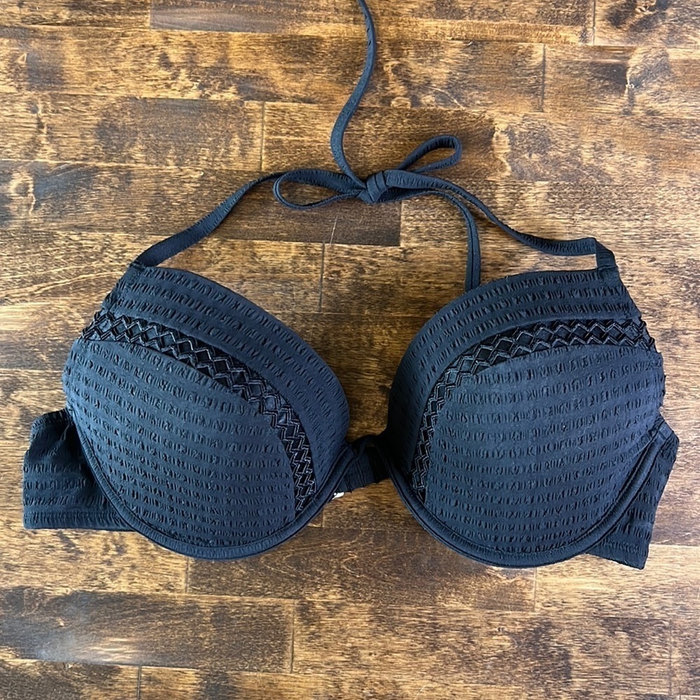 TIME‎ & TRU Solid Black Halter Bikini Top Size Large MINIMALIST BOHO